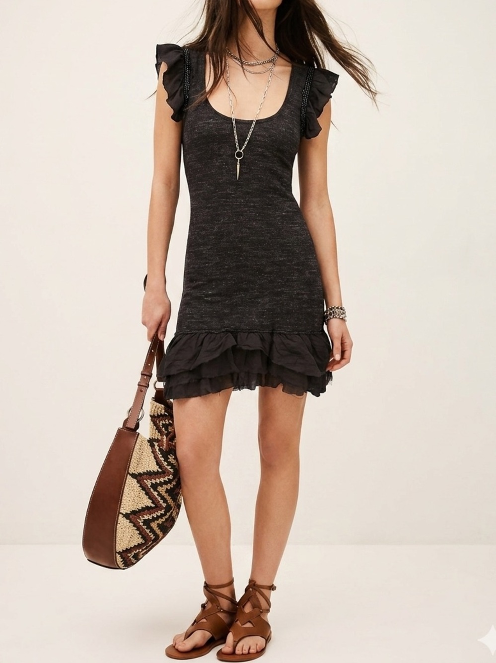 Free People Beaded Racerback Ruffle Dress in Heathered Black - Charcoal Gray